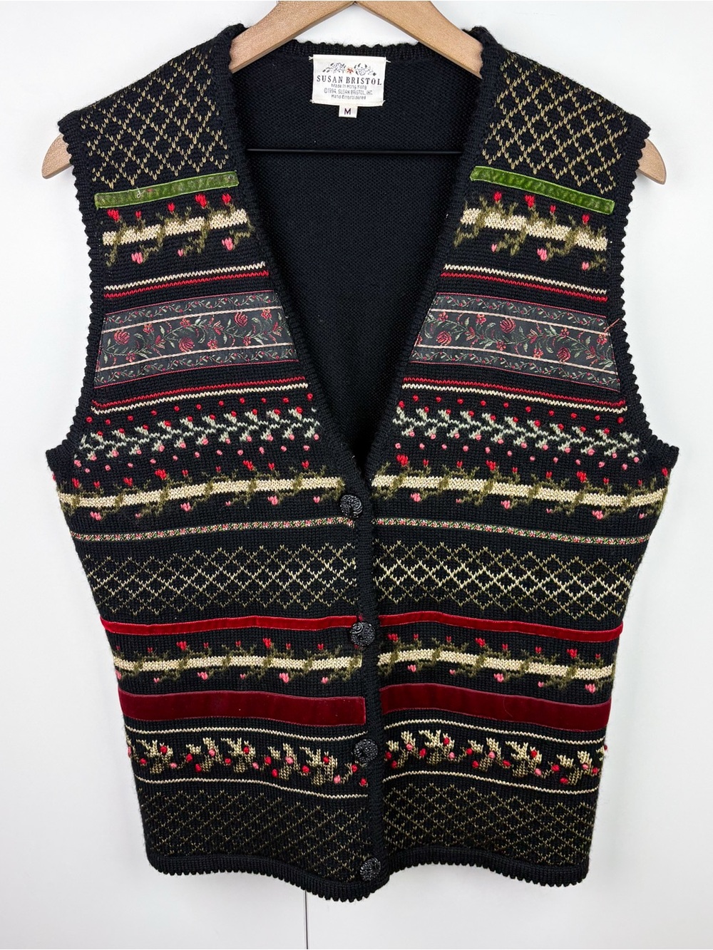 Vintage Wool Floral Velvet Fair Isle Sweater Vest Winter Cottagecore Holiday
